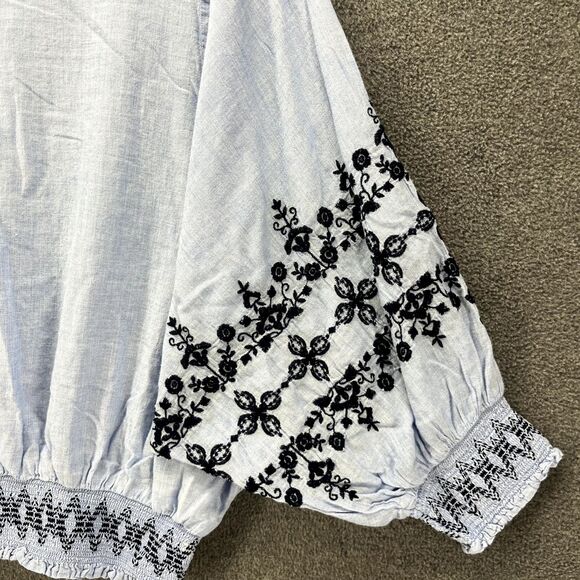 Gap Top women Medium Blue Puff Sleeves boat neck Floral embroidered Crop Blouse - Picture 6 of 14